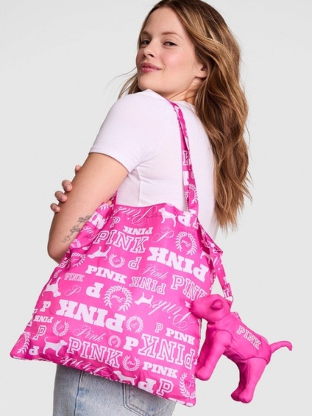PINK Victoria's Secret Hot Pink Logo Print Tote with Dog Body Storage/Charm - Picture 5 of 6